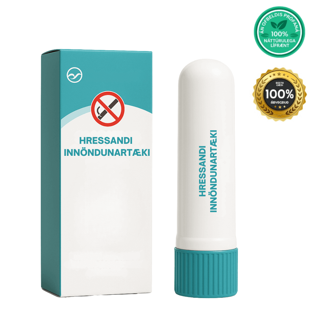 Hressandi innöndunartæki with packaging designed for a natural, smoke-free lifestyle.