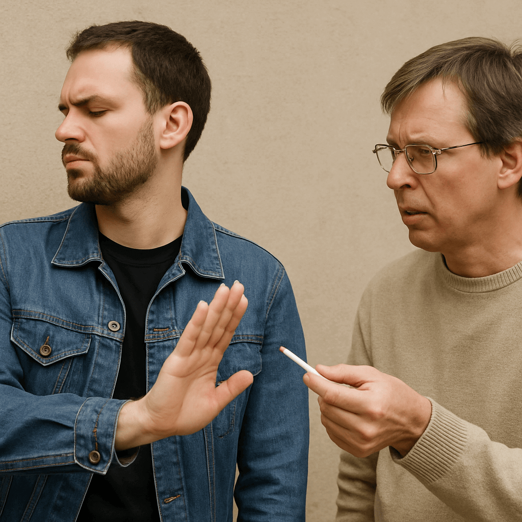 Hressandi innöndunartæki, tveir menn í samtali um reykingar, einn neitar að taka sígarettu.