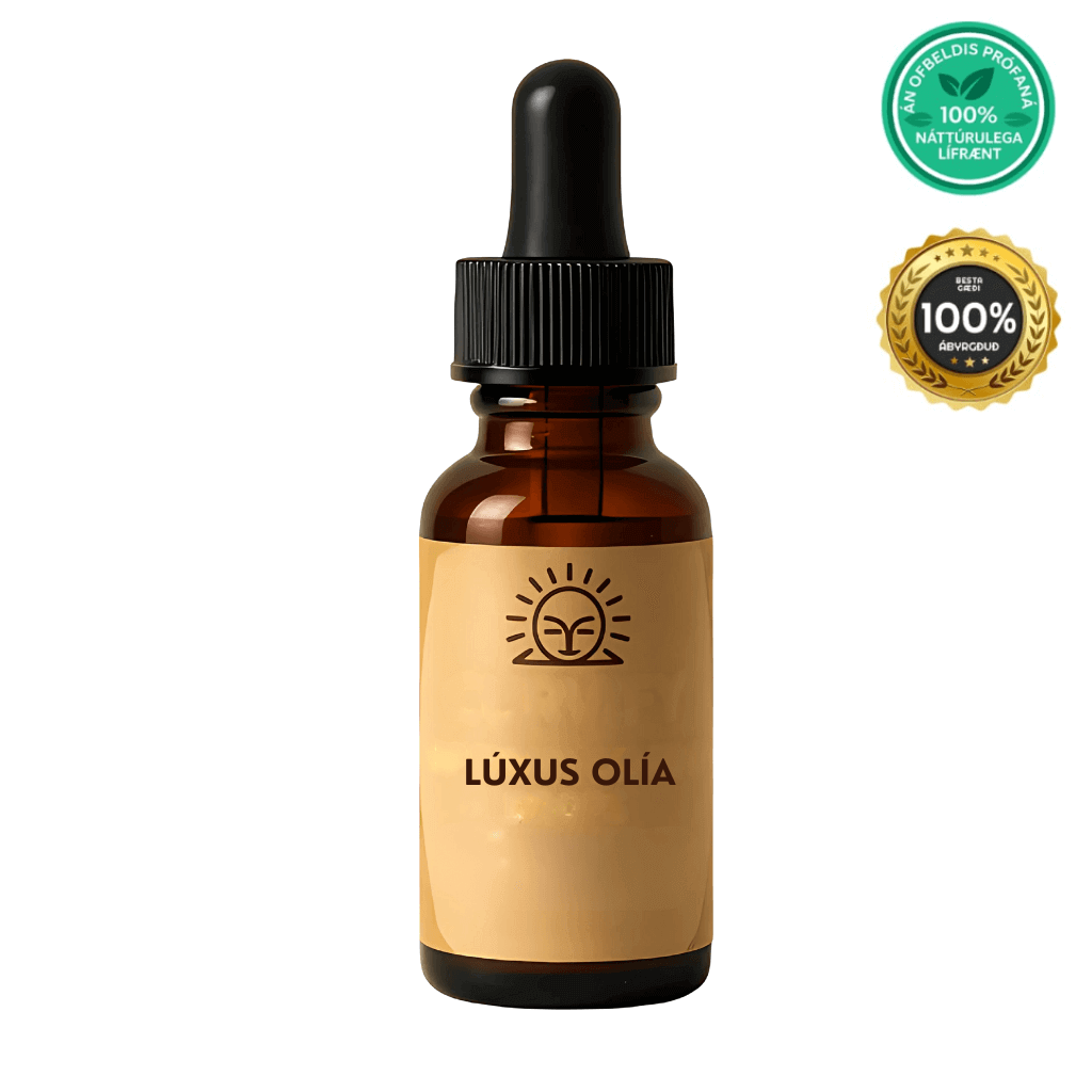 Lúxus olía bottle showcasing its natural ingredients for body care and enhancing curves.