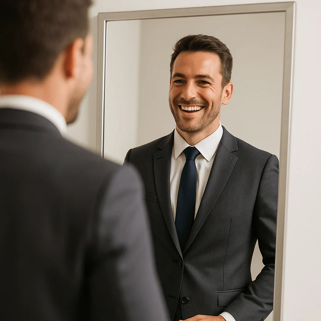 Orkugefandi innöndunartæki – An accomplished man in a formal suit smiling in front of a mirror.
