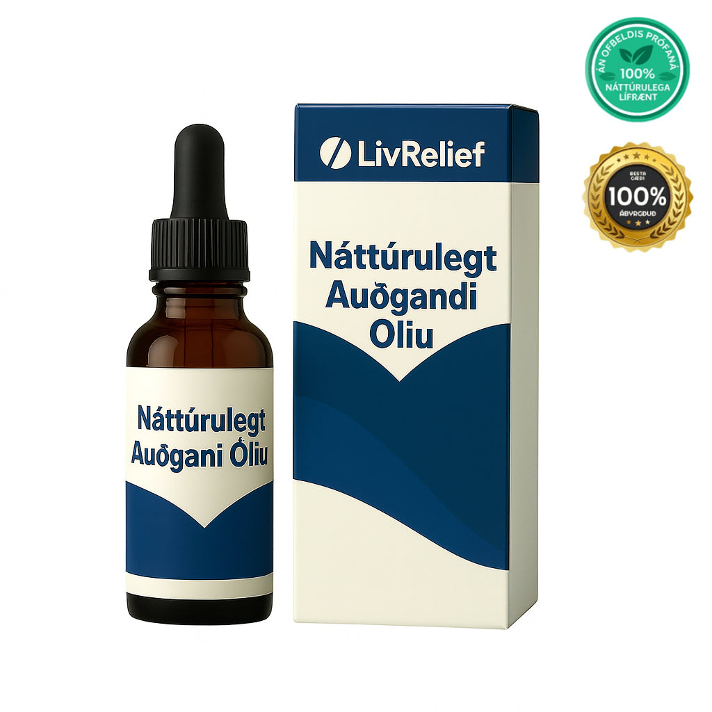 Náttúrulegt Auðgandi Olíu bottle and packaging from LivRelief, showcasing natural wellness support.