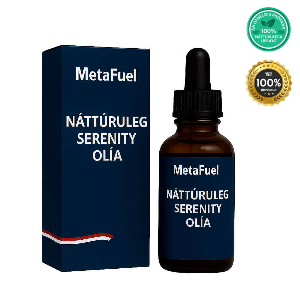 Náttúruleg Serenity Olía bottle and packaging by MetaFuel with 100% natural product seal.