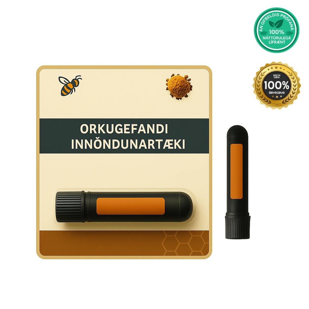 Orkugefandi innöndunartæki pack with natural scents for freshness and clarity in a compact design.