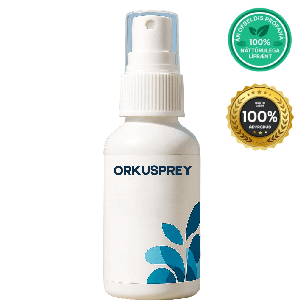 Orkusprey energizing spray bottle with natural ingredients for daily use and instant refreshment.