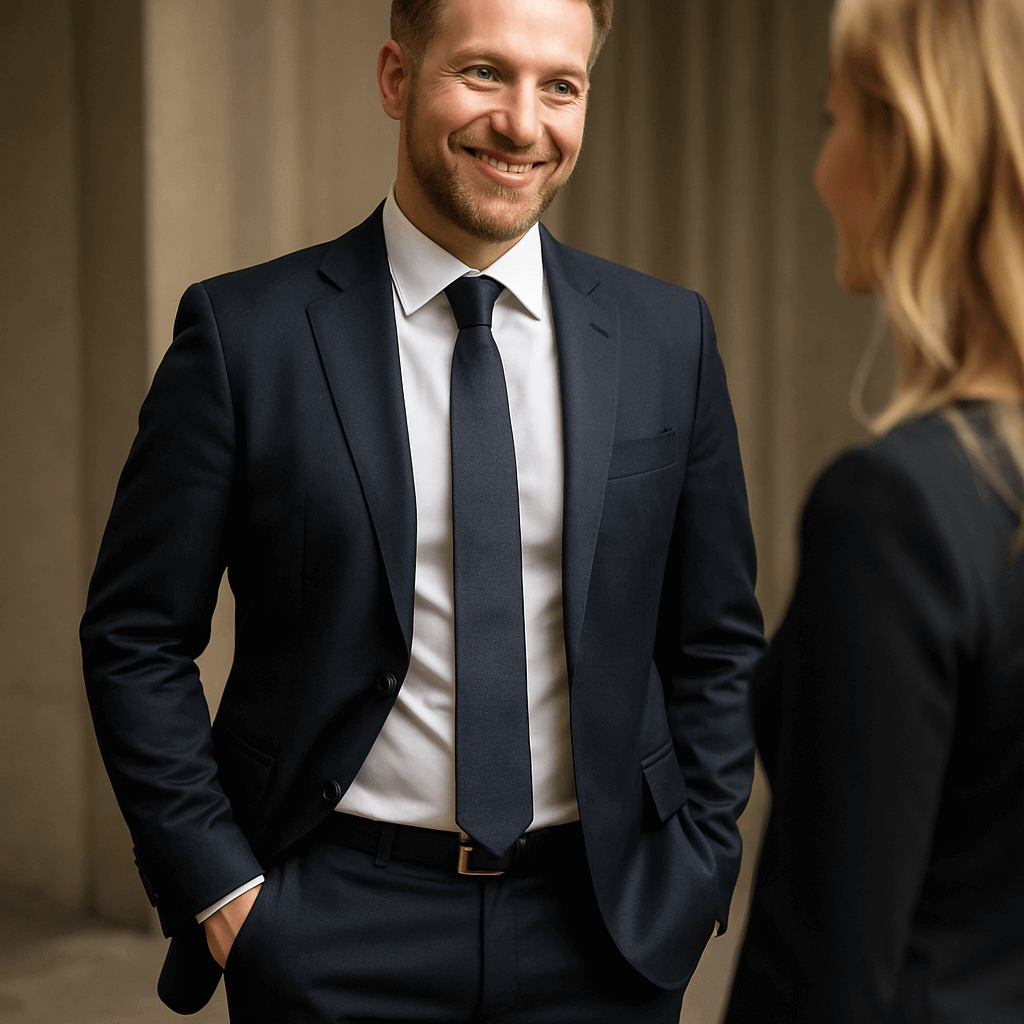 Professional man in a dark suit smiling and engaging in conversation outdoors