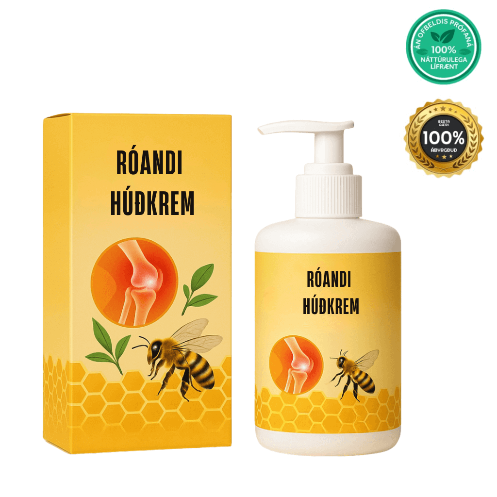 Róandi húðkrem packaging and bottle with bee illustration and natural ingredients.