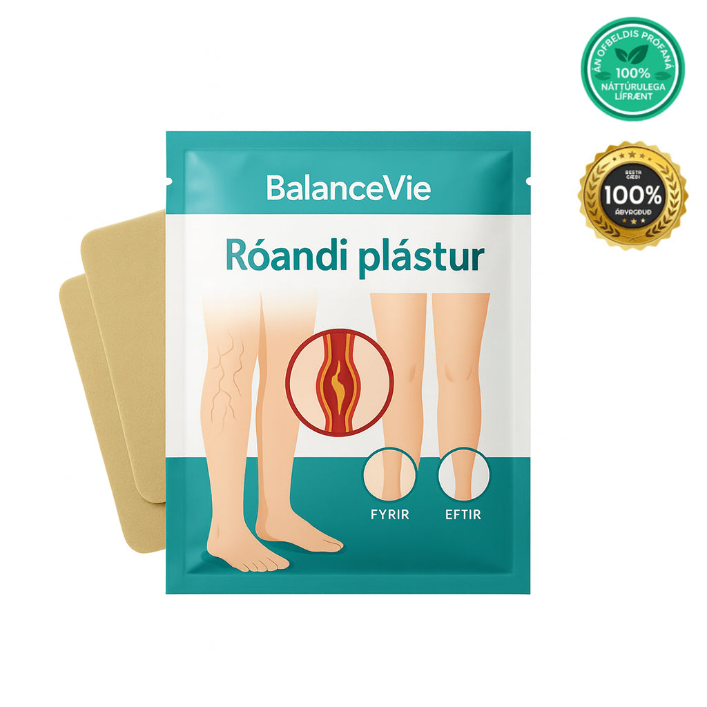 Róandi plástur pack showing before and after effects on legs, promoting natural wellness and balance.