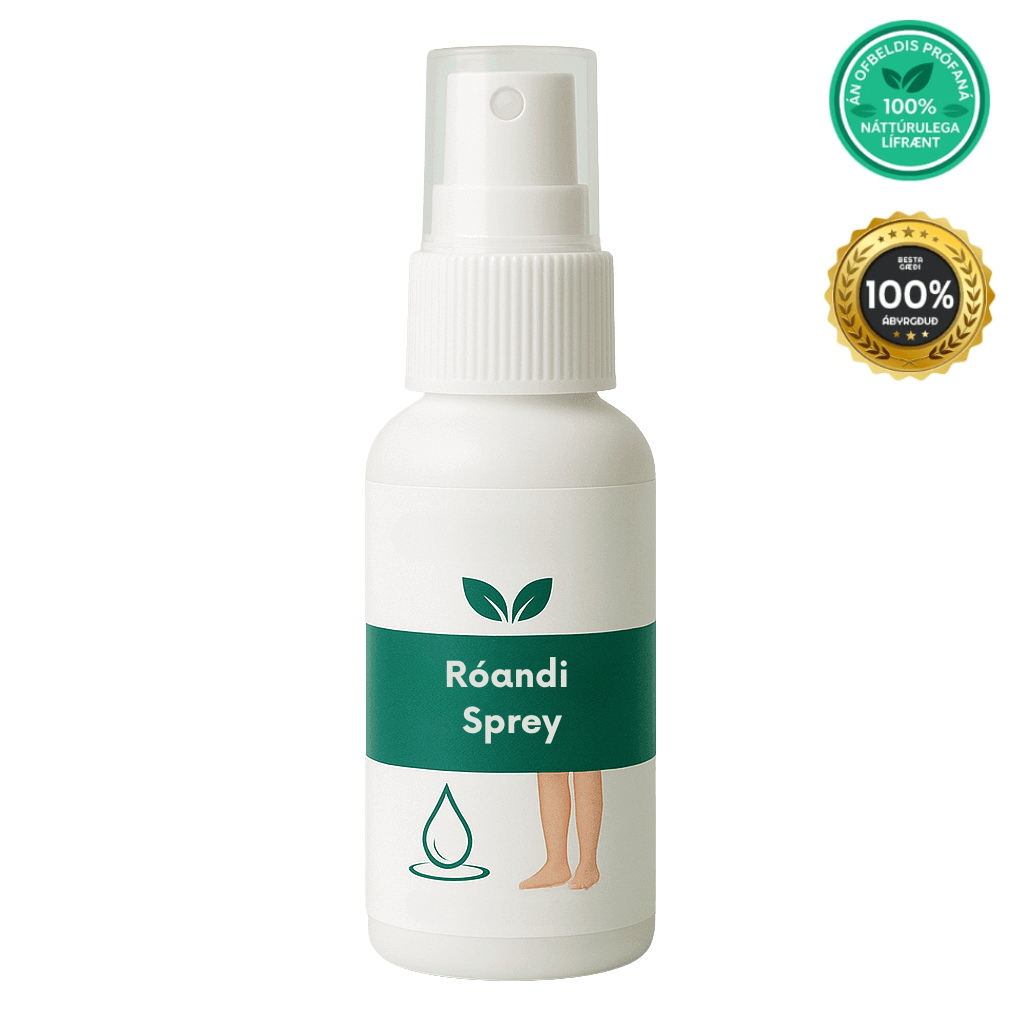 Róandi sprey bottle designed to refresh foot skin and maintain comfort throughout the day.