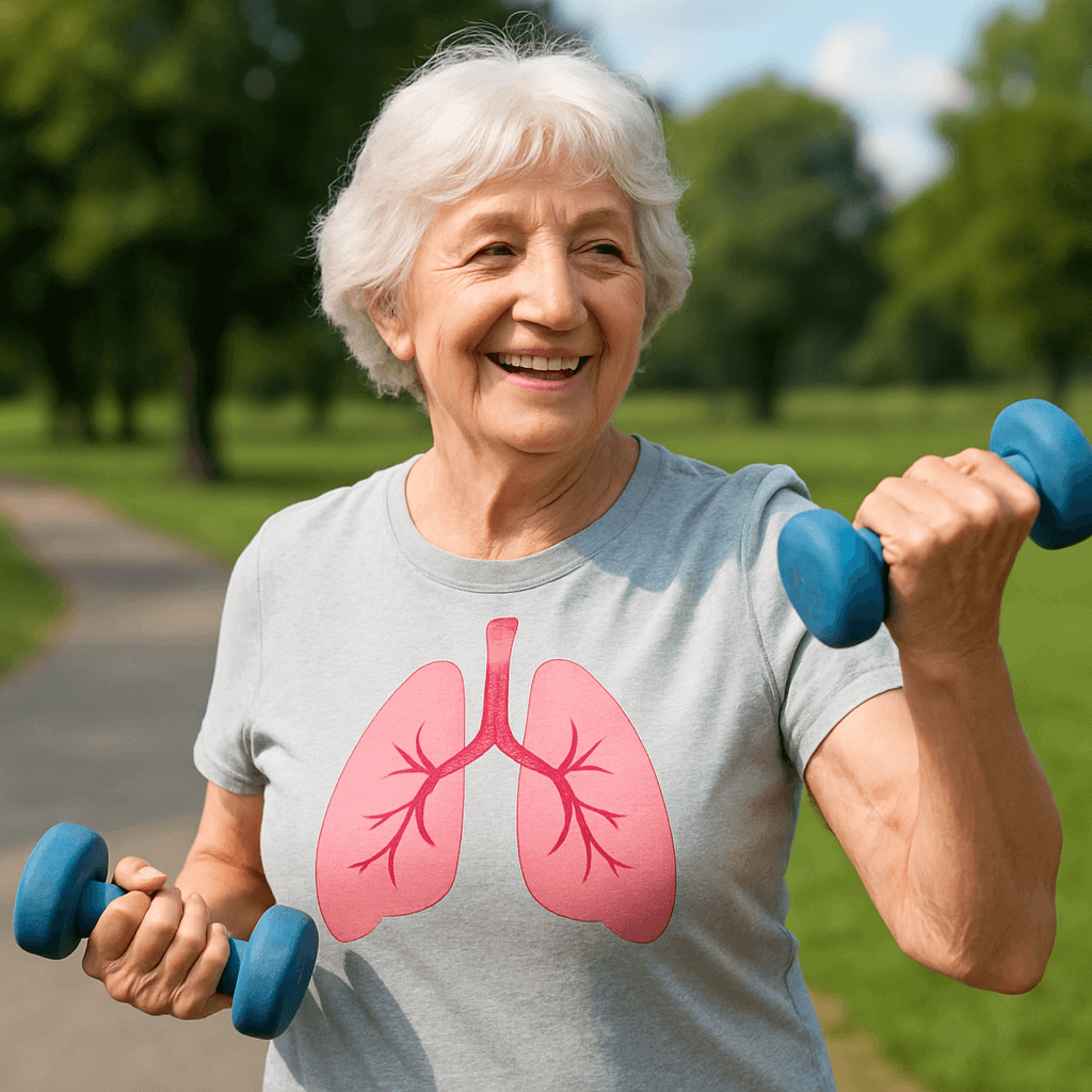 Elderly woman exercising with dumbbells in a park, wearing a shirt with lung illustration.