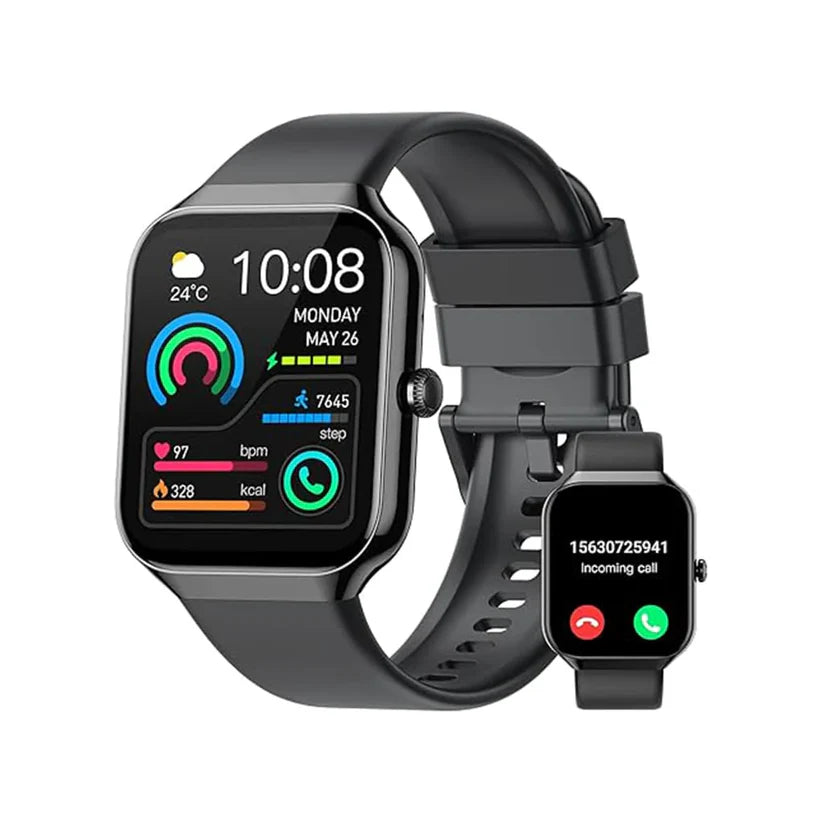 Smartwatch displaying health stats and notifications, featuring fitness tracking and incoming call alerts.