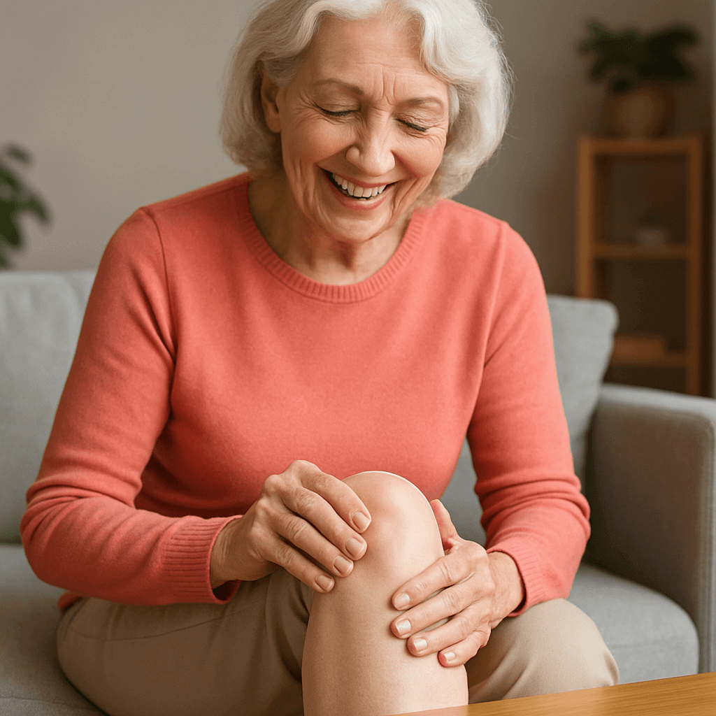 Elderly woman smiling and applying soothing cream to her knee while sitting comfortably on the couch.