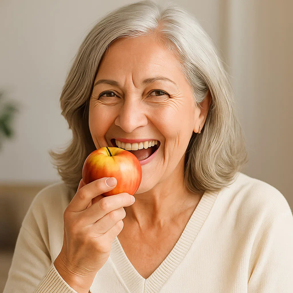 Smiling older woman holding an apple, showcasing happiness and health.