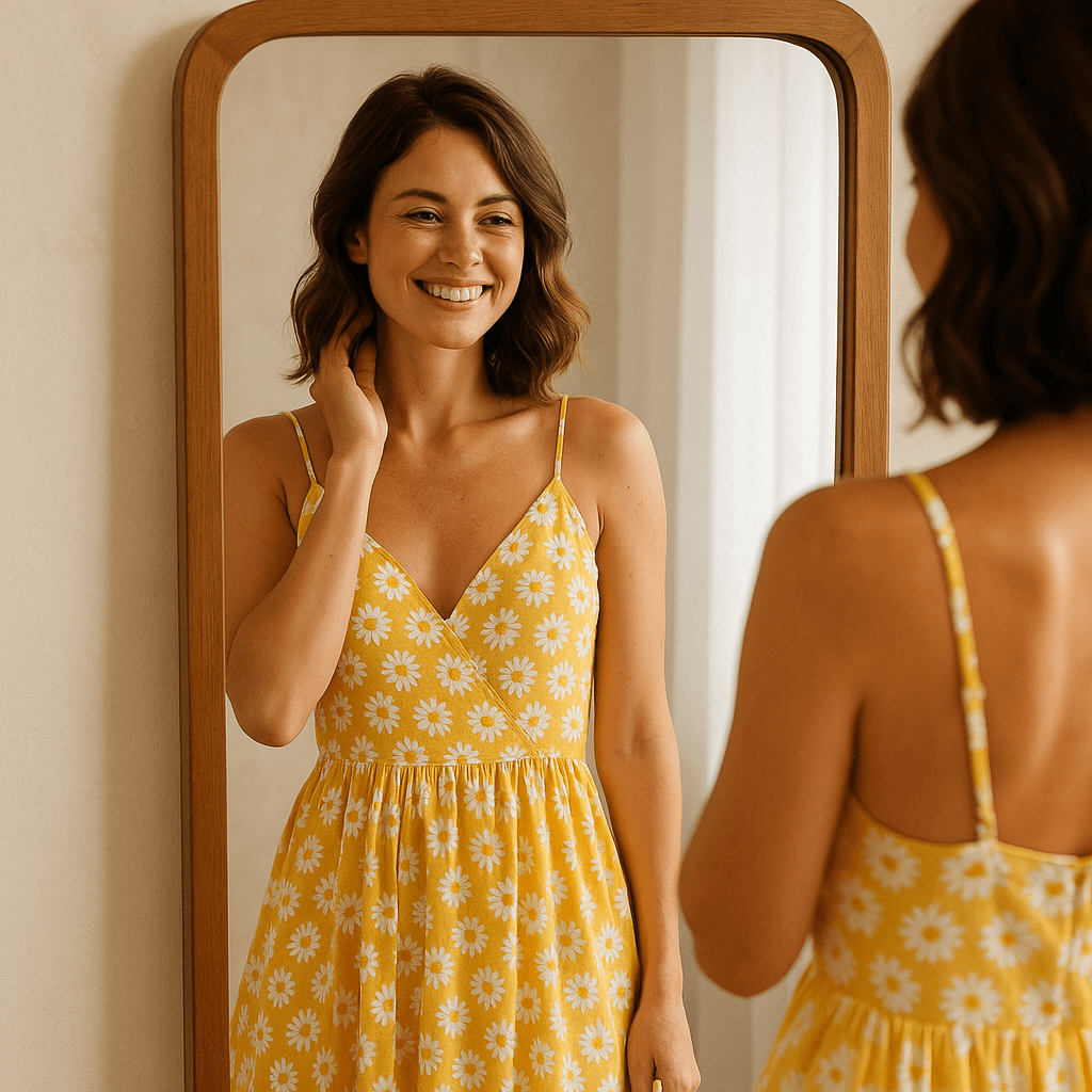 Young woman smiling in a yellow daisy dress, looking at her reflection in a mirror.