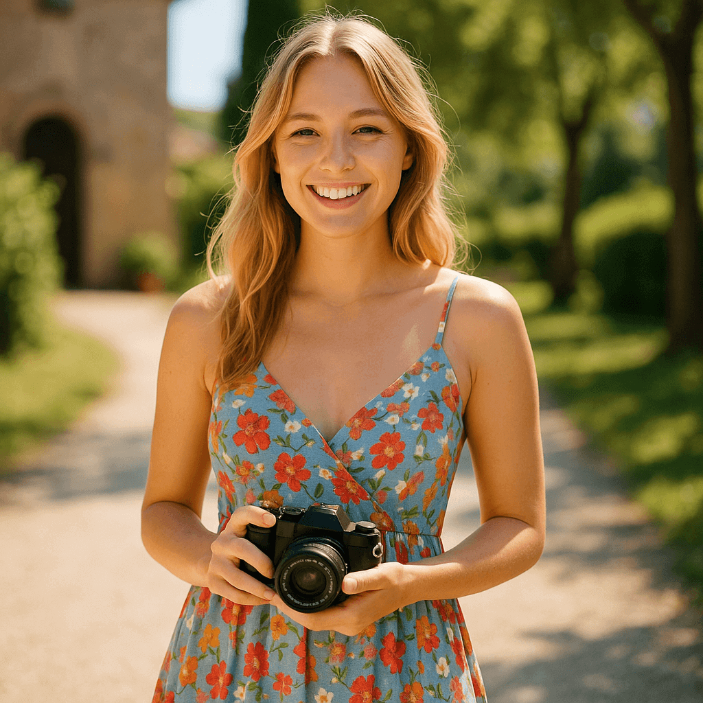 Maður í blómabreyttum kjól með myndavél í vinnu í náttúrulegu umhverfi.