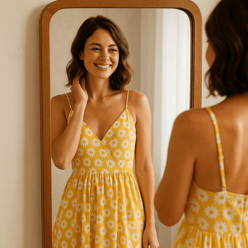 Woman smiling in a yellow floral dress while looking in a mirror.