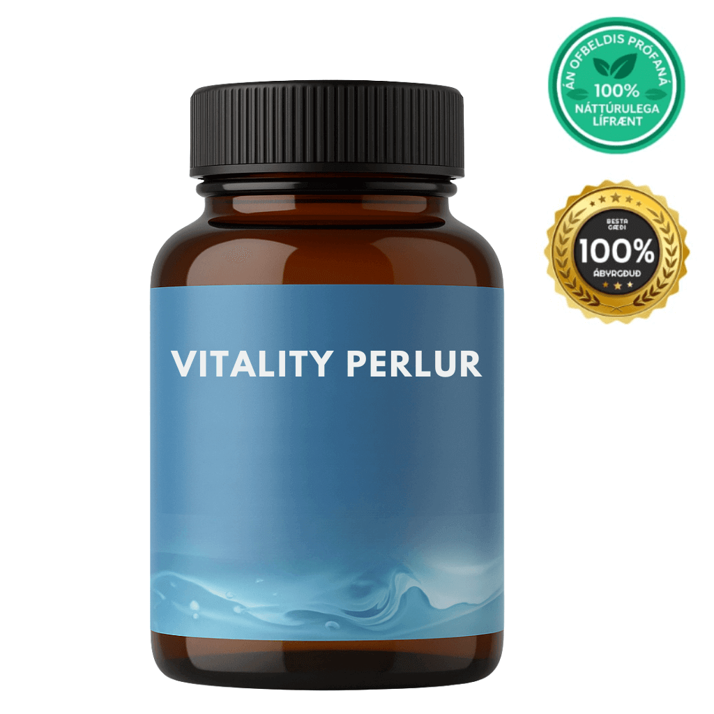 Bottle of Vitality perlur with a blue label, designed for daily energy and well-being support.