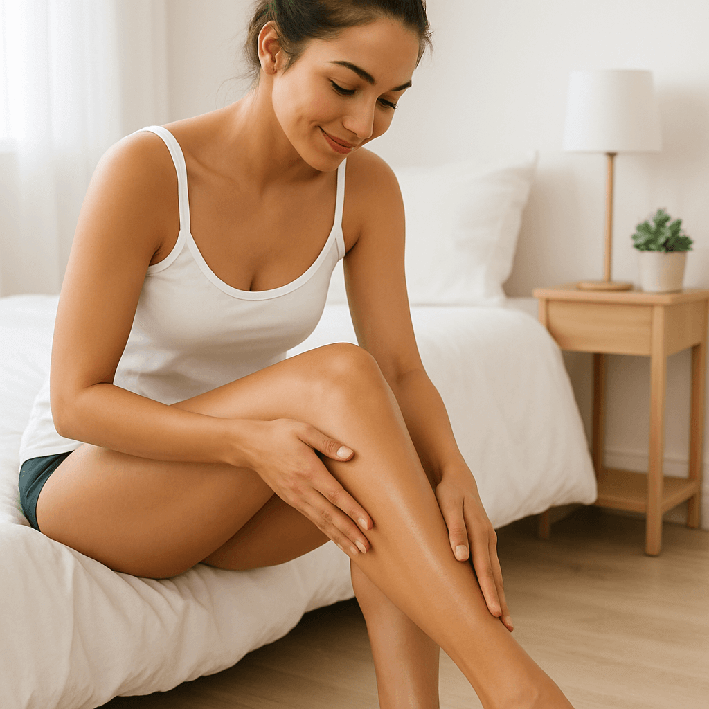 Uppfreskur Róandi sprey á húð fótanna meðan kona nýtur afslöppunar í svefnherbergi.